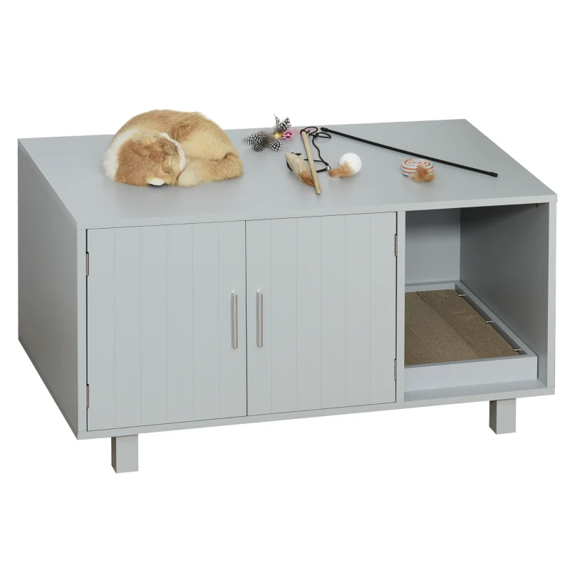 PawHut Wooden Cat Litter Box Enclosure & House with Nightstand/End Table Design, Scratcher, & Magnetic Doors, Grey