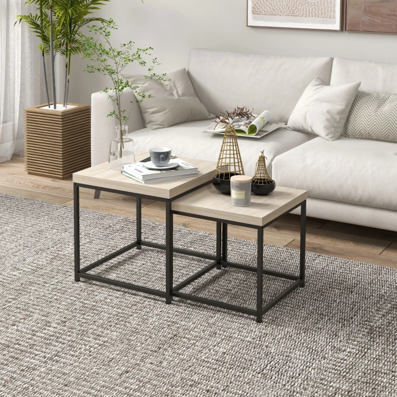 HOMCOM Coffee Table Set of 2, Nest of Tables with 3.5cm Thick Tabletop, Oak