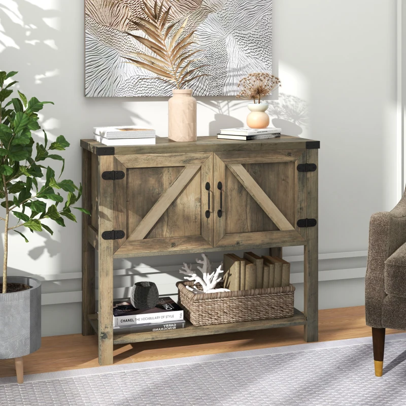 HOMCOM Mesa Consola para Recibidor Multifuncional Diseño Colonial Vintage con 2 Puertas Estante Inferior Base Elevada Estable 90x39x80,5 cm Gris