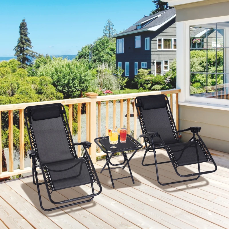 Outsunny Set Arredo Lettini da Giardino 2 Sedie a Sdraio da Spiaggia e Tavolino Regolabili Pieghevoli Tessuto do Texteline Nero