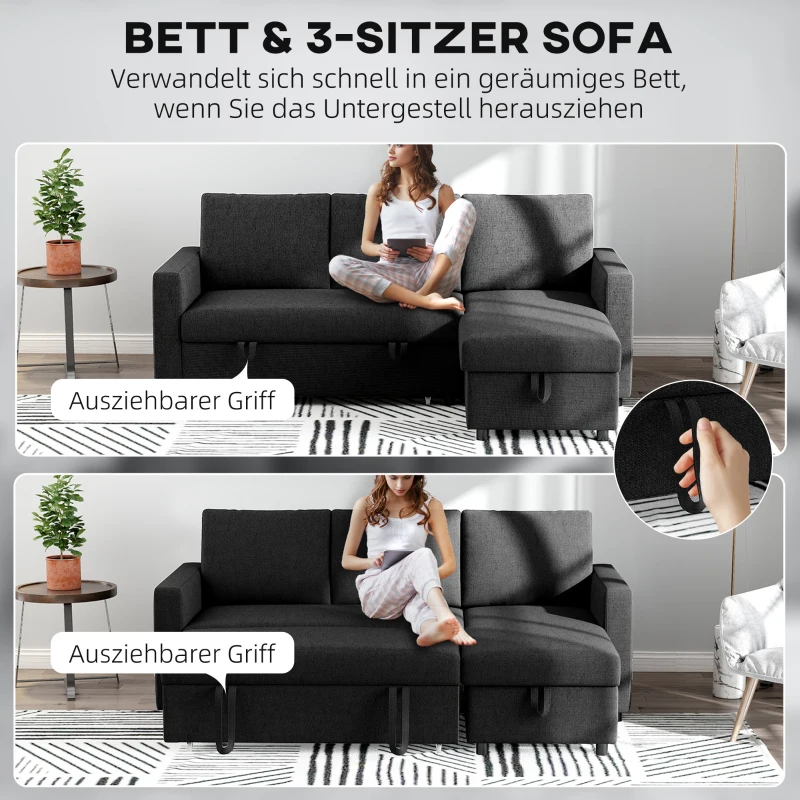 HOMCOM Canapé d'angle convertible modulable avec méridienne réversible, coffre de rangement et 3 coussins de dossier, noir