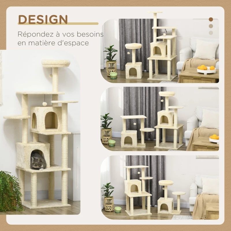 PawHut Arbre à chat arbre à grimper griffoir hauteur 171 cm avec 2 niches 6 plateformes 2 pompons suspendus beige