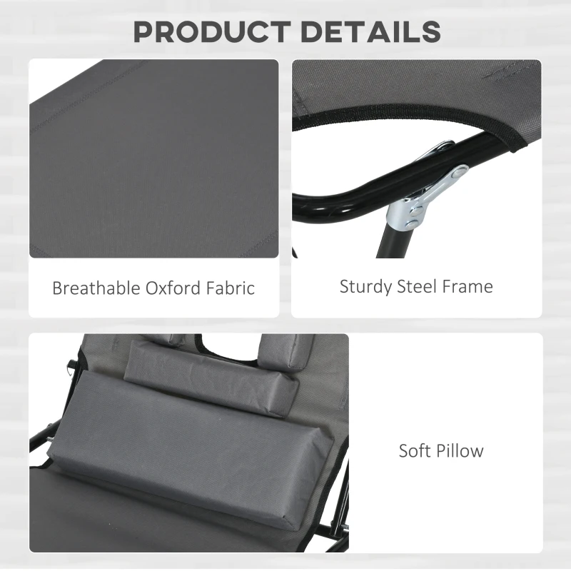 Outsunny Outdoor Folding Sun Lounger Set of 2 with Face Hole, 4 Level Adjustable Backrest Reclining Garden Lounger, Garden Recliner Sunbed with 600 D Oxford Cloth Seat and Pillow for Beach, Dark Grey