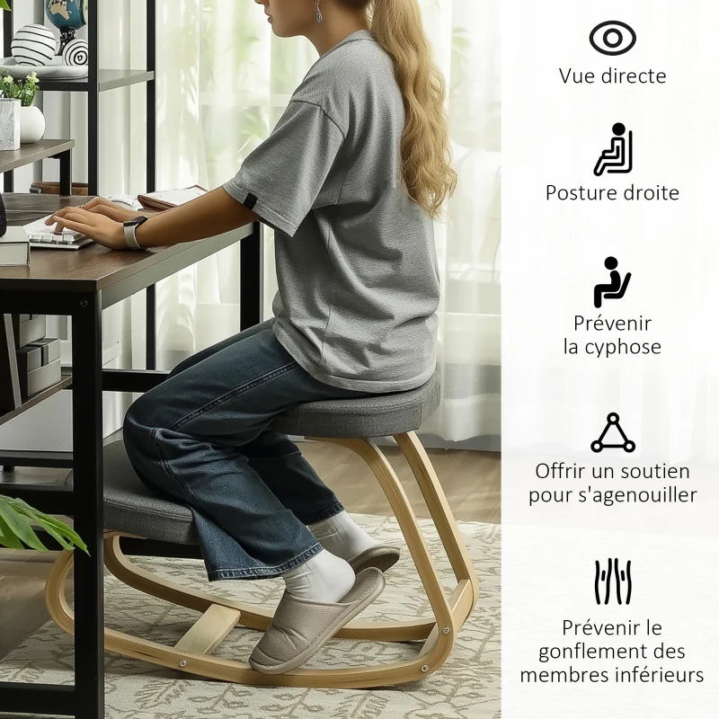 HOMCOM Siège assis genoux, siège ergonomique en bois à bascule, chaise à genoux pour bureau à domiciles, gris