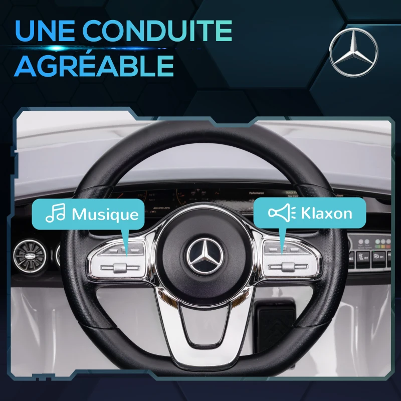 AIYAPLAY Voiture électrique enfant Mercedes-benz AMG CLA 45, télécommande, vitesse réglable (3-5 km/h), phare LED musique, blanc