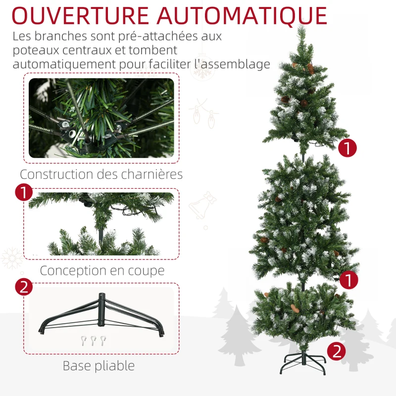 HOMCOM Sapin de Noël artificiel lumineux 703 branches 250 LED 30 pommes de pin support pied pliable hauteur 180 cm Ø 80 vert