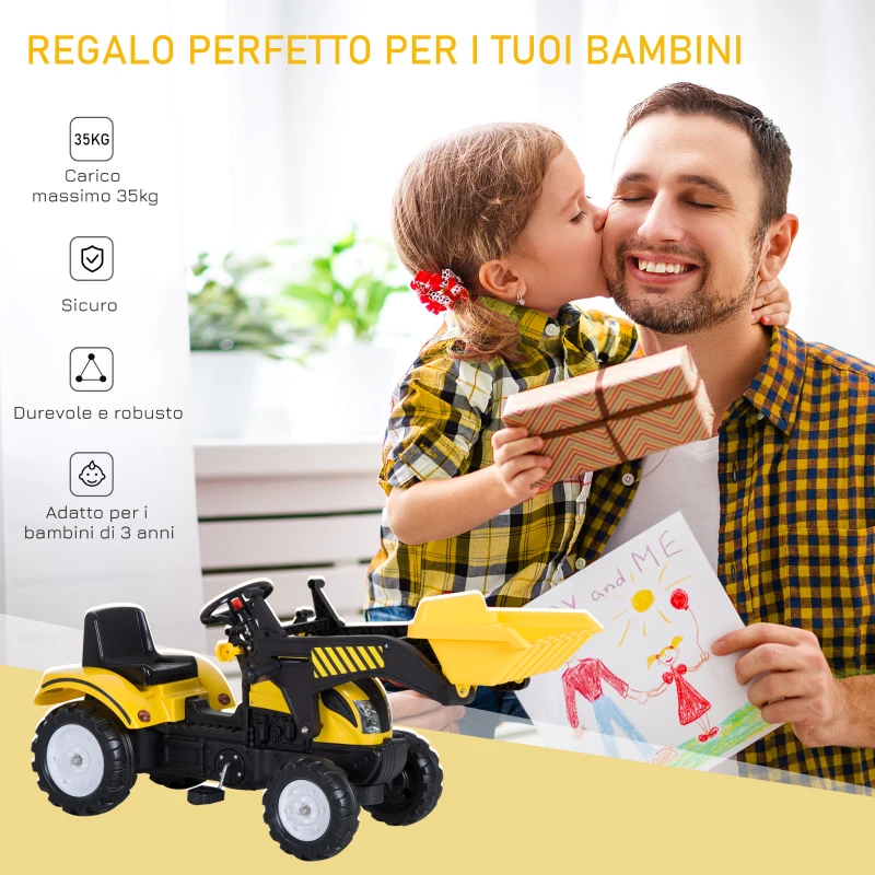 HOMCOM Trattore a Pedali con Ruspa Giocattolo per Bambini 3 Anni, Giallo e Nero, 114x41×52cm