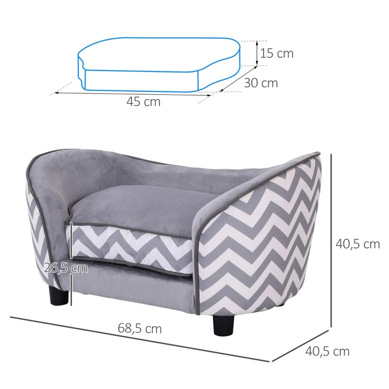 PawHut Canapé chien chat sur pied style graphique contemporain coussin amovible lavable grand confort + pochette rangement 68,5L x 40,5l x 40,5H cm gris blanc