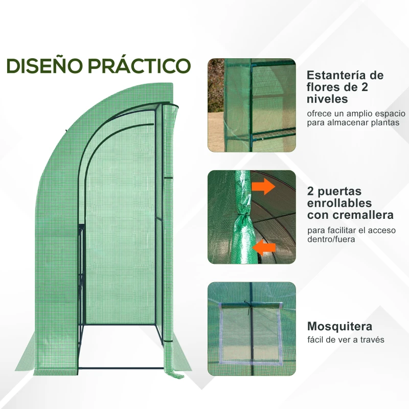 Outsunny Invernadero de Exterior con Ventanas Estantes de 3 Niveles Puerta con Cremallera y Marco de Acero 200x100x215 cm Verde