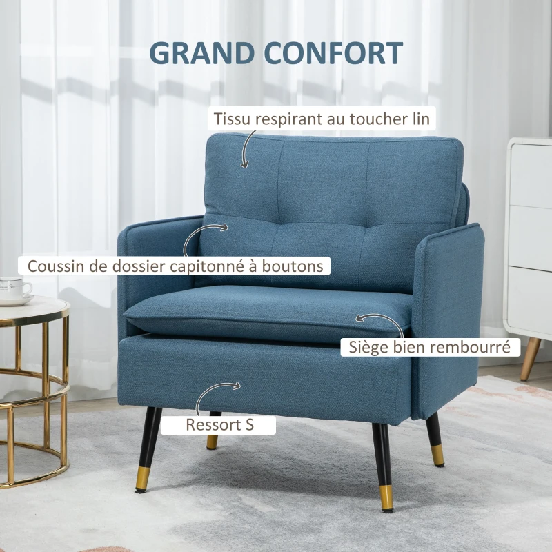 HOMCOM Fauteuil scandinave dossier capitonné avec passepoil en tissu 76 x 68 x 80 cm bleu et pieds en métal noir et doré