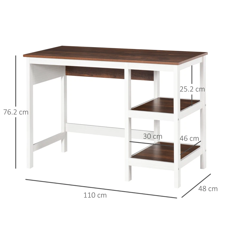 HOMCOM Scrivania Ufficio per PC con 2 Mensole in Legno, Arredamento Casa e Studio 110x48x76.2cm, Noce e Bianco