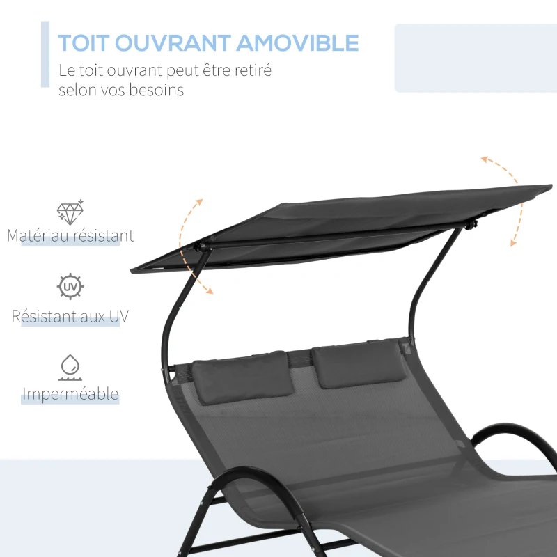 Outsunny Chaise longue bain de soleil transat avec auvent oreiller et roulettes en acier et polyester gris foncé