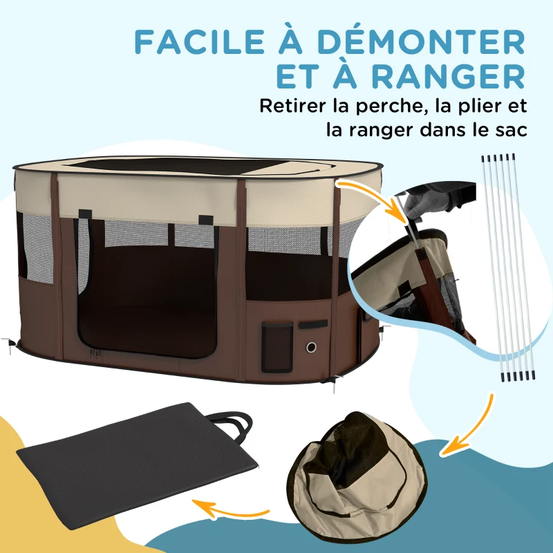 PawHut Parc pliable pour animaux de compagnie parc pour chiots en tissu Oxford avec fenêtres et portes sac de rangement marron