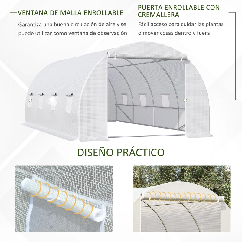 Outsunny Invernadero de Túnel 6x3x2m Invernadero de Terraza con 8 Ventanas Cubierta de Polietileno 140 g/m² Marco de Acero Blanco(m-6)