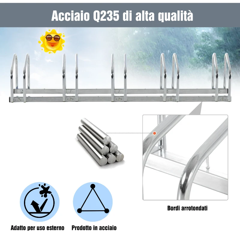 HOMCOM Rastrelliera Biciclette da Pavimento o Parete, Portabici da Terra per 5 Biciclette in Acciaio, Ruote Fino 55 mm, 145x33x27 cm, Argento