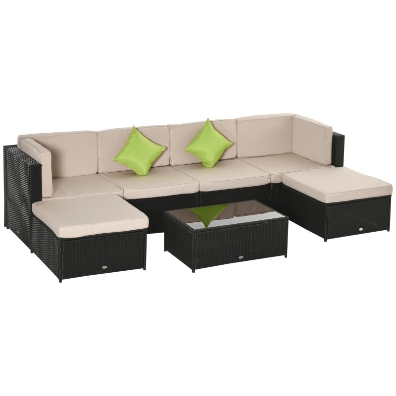 Outsunny Set da 7 Pezzi Salotto da Esterni in Rattan con Poltrona Pouf Tavolino Nero e Beige