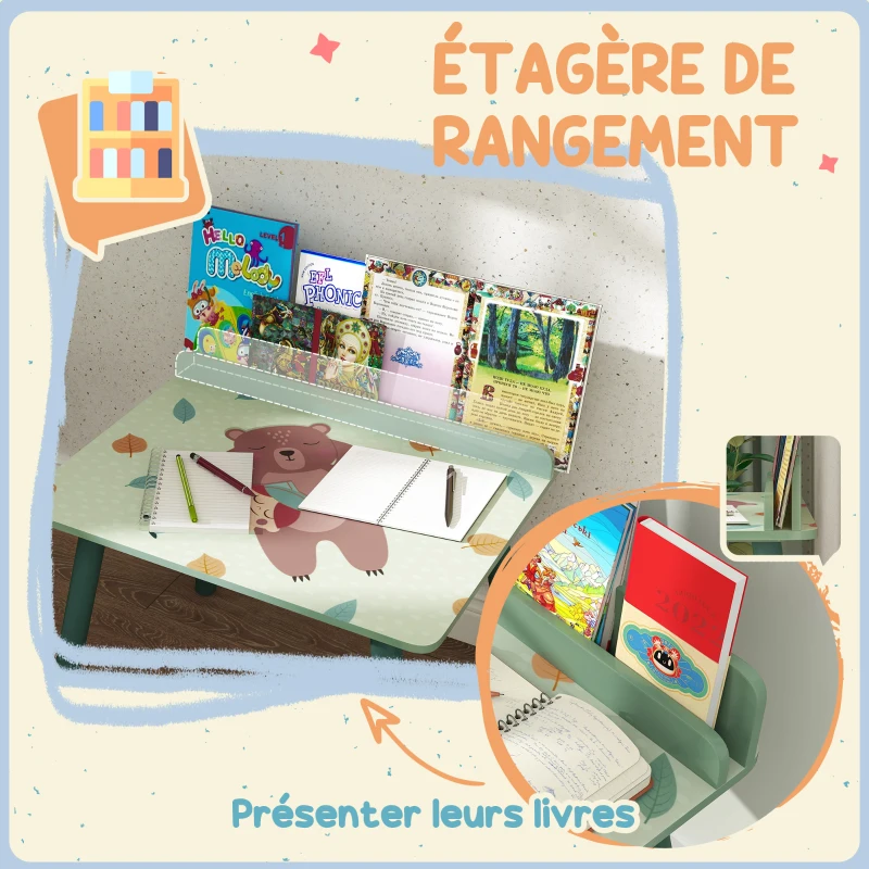 AIYAPLAY Ensemble table et chaise enfant table pour enfant avec chaise avec porte-livres motifs d'ours pour enfants 3-8 ans vert