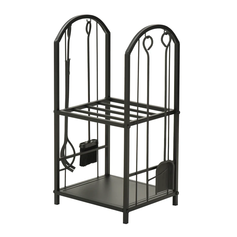 Outsunny Porte-bûches range bûches 2 niveaux étagère à bois de cheminée serviteur de cheminée multi-accessoires 2 étagères dim. 41,5L x 32,5l x 74,5H cm métal noir