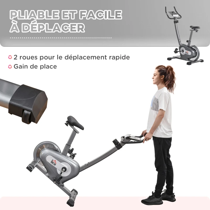 Vélo d'appartement volant d'inertie 8 Kg résistance magnétique 10 niveaux écran LCD multifonction capteur fréquence cardiaque selle réglable acier gris