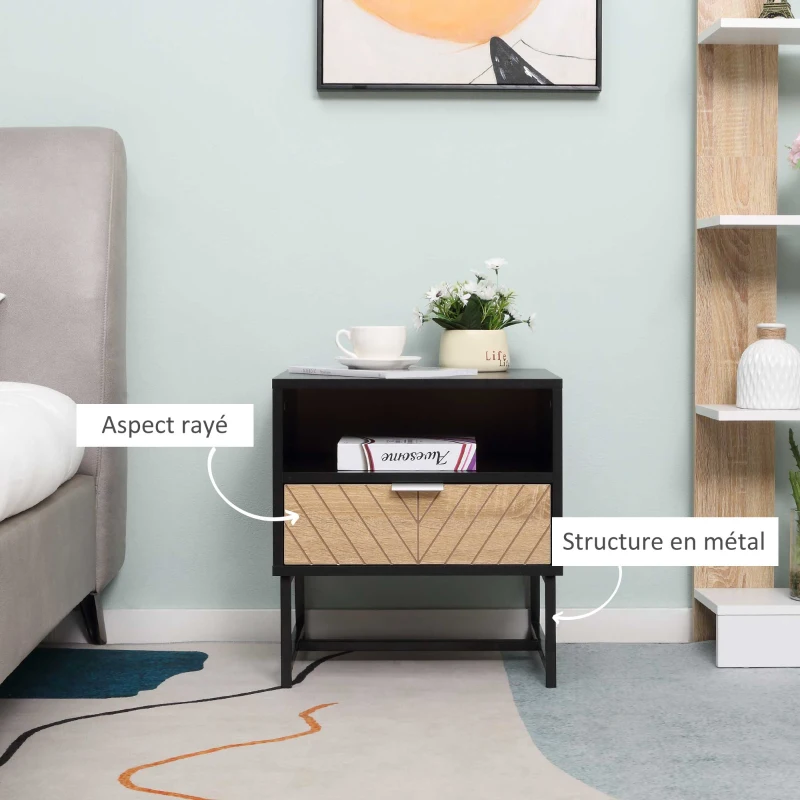 HOMCOM Table de chevet table de nuit style industriel tiroir niche piètement métal aspect bois de chêne sculpté à chevrons noir