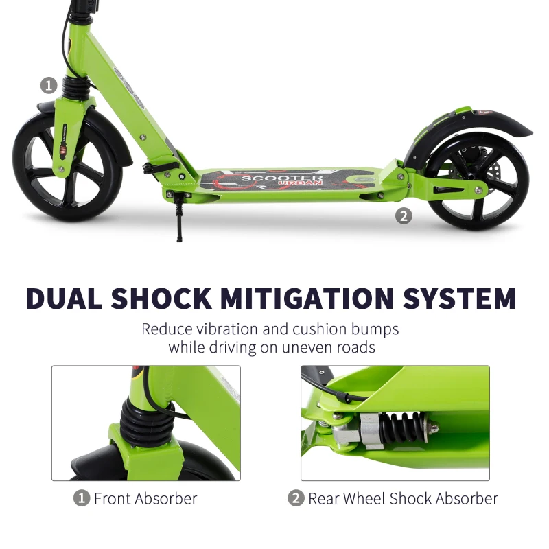HOMCOM Teen/Adults Aluminium Foldable Kick Scooter w/ Shock Mitigation System - Green