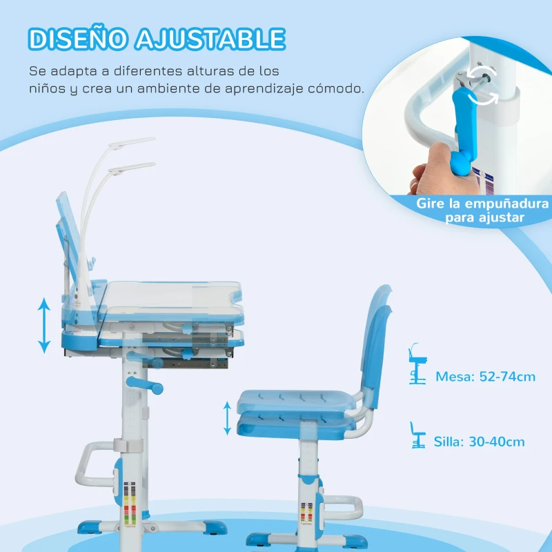 HOMCOM Escritorio y Silla para +6 Años con Altura Ajustable e Inclinable 80x49,5x82-104 cm y 35,5x43,5x63-73 cm Azul