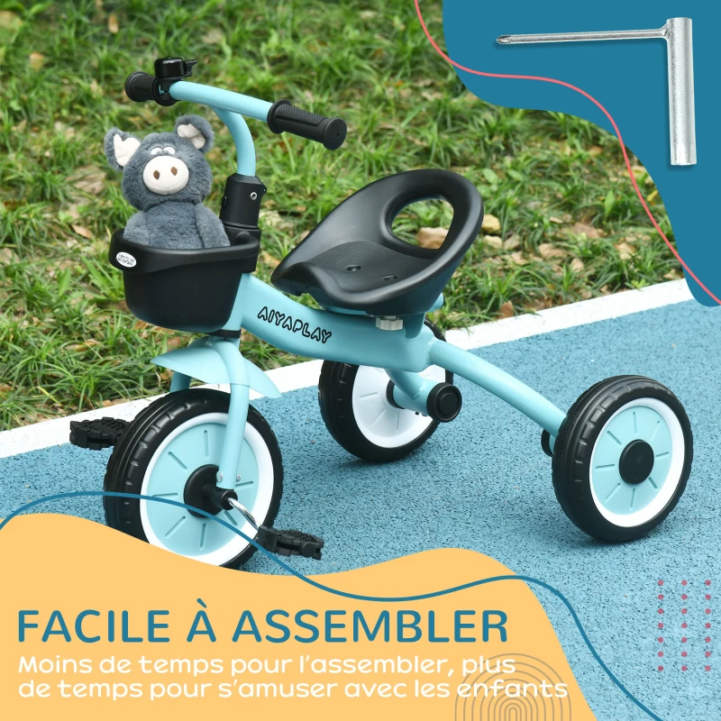 AIYAPLAY Tricycle enfants avec sonnette et panier selle réglable avec dossier - pour enfant de 2 à 5 ans bleu