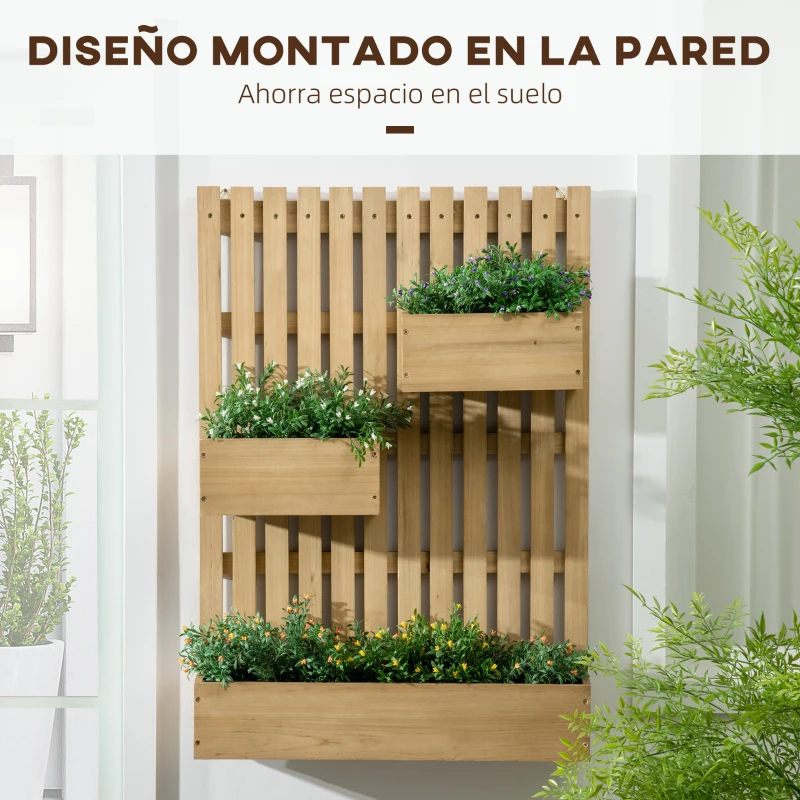 Outsunny Jardinera de Pared de Madera con Enrejado y 3 Macetas Móviles para Jardín Terraza Patio 60x16x80 cm Natural