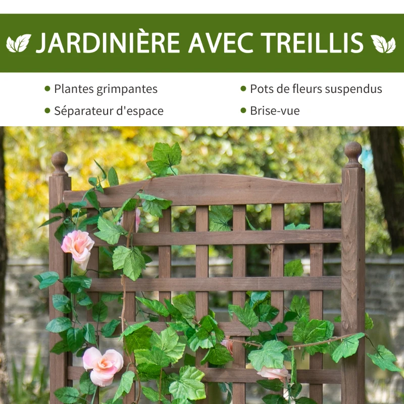 Outsunny Jardinière avec Treillis - bac à Fleurs - jardinière sur Pied - dim. 64L x 28l x 120H cm Inserts d'irrigation Inclus Bois Sapin traité