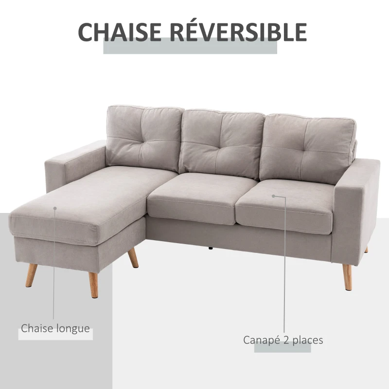 HOMCOM Canapé d'angle en tissu de lin 193 cm forme L design scandinave pour salon appartement petit espace gris clair