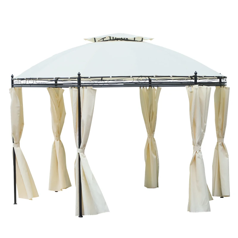Outsunny Tonnelle pavillon de jardin rond dim. Ø 3,5L x 2,75H m double toit 6 rideaux latéraux polyester crème métal époxy noir