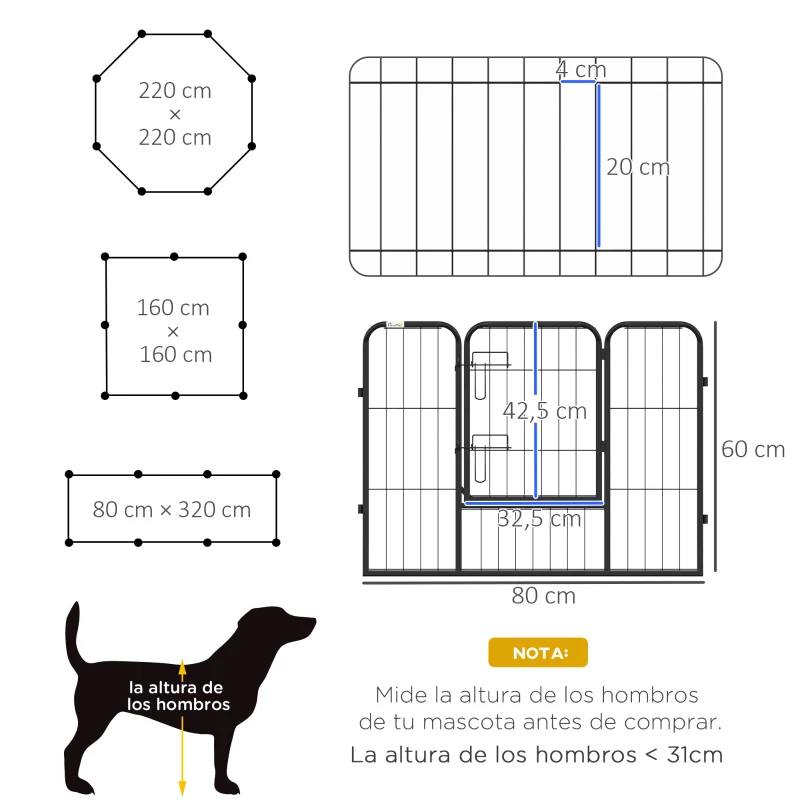 PawHut Corralito para Perros de 8 Paneles 80x60 cm con Forma Personalizable Puerta Marco de Acero y 8 Anclajes de Tierra Negro