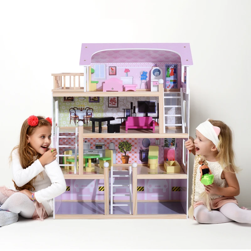 HOMCOM Casa de Muñecas Infantil con Muebles Casa de Muñecas de 4 Pisos con 13 Accesorios 60,5x30x80,5cm Rosa