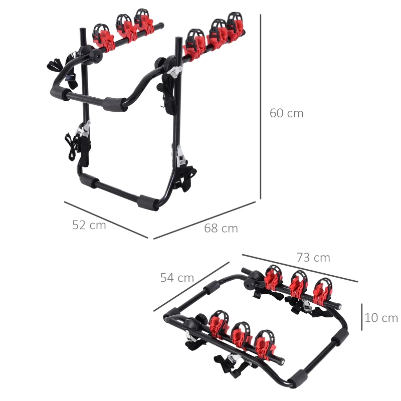 HOMCOM Portabicicletas Trasero Portón Plegable con Correas Hasta 3 Bicis Soporte de Bici Universal Carga 40kg 68x52x60cm Metal