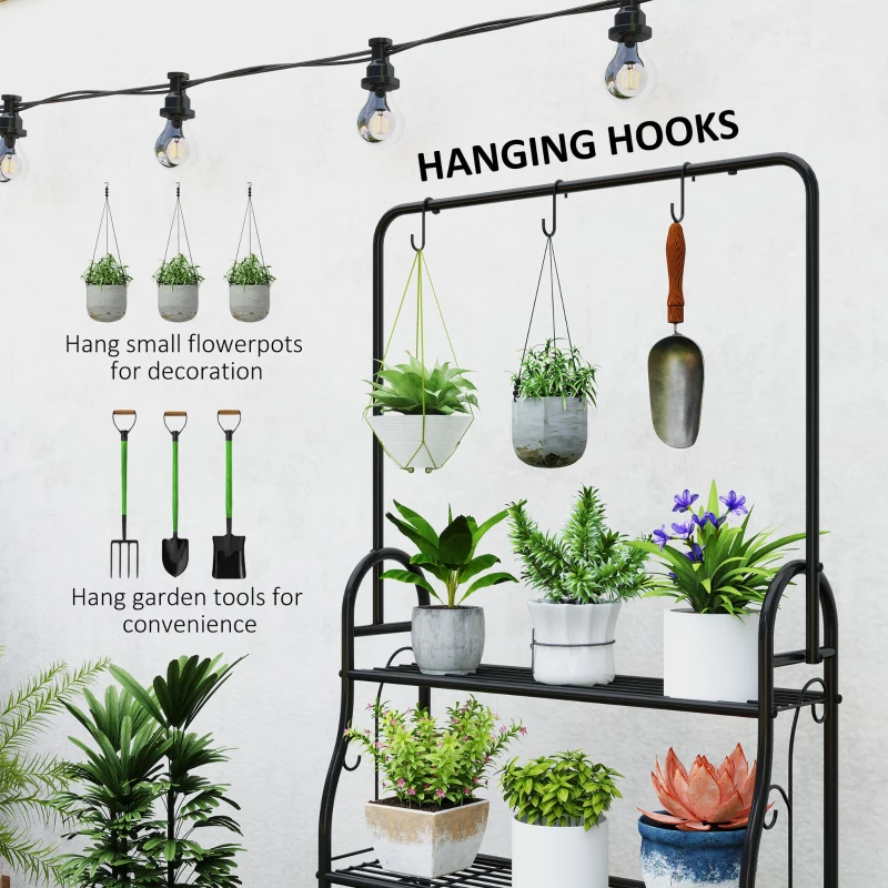 Outsunny 3 Tier Plant Stand with Hanging Rod and Hooks, Metal Plant Rack Shelf, Ladder Flower Pot for Indoor Outdoor Porch Balcony Living Room Bedroom, Black