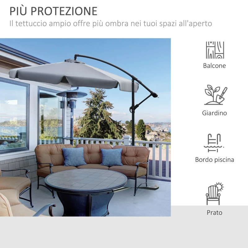 Outsunny Ombrellone da Giardino 2.7x2.7 m a Braccio in Metallo con Tettuccio in Poliestere Regolabile e Apertura a Manovella, Grigio