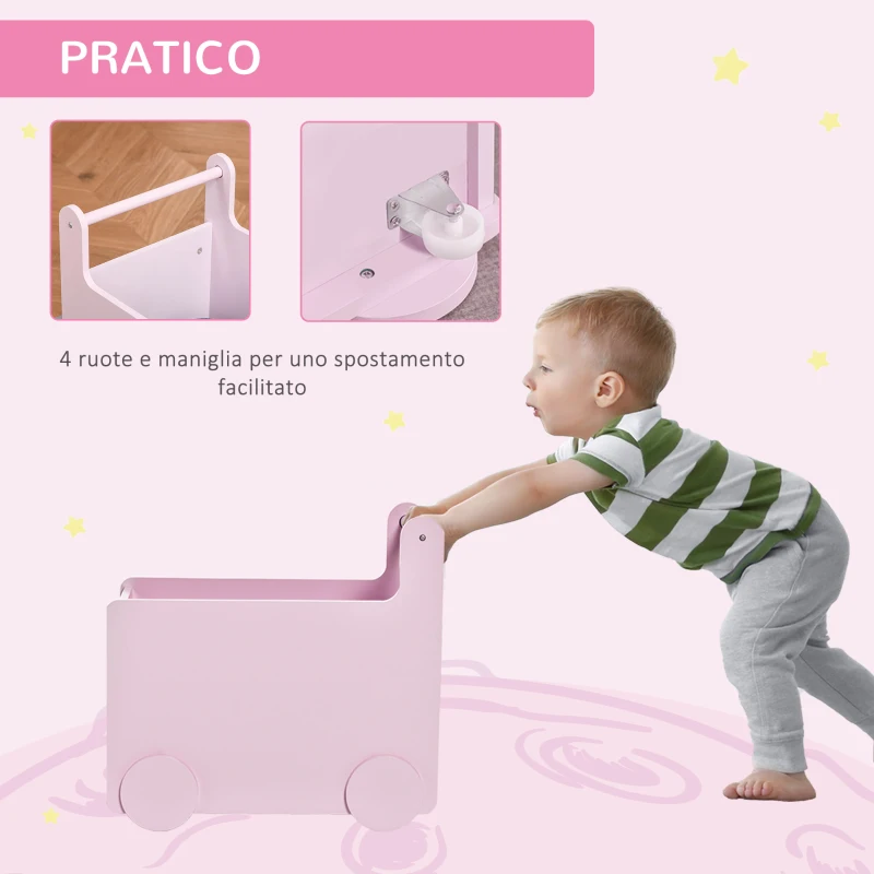 HOMCOM Carrello Porta Giochi per Bambini con 2 Lavagne per Disegnare, Impugnatura e Ruote, Legno MDF, 47x35x45.5cm, Rosa
