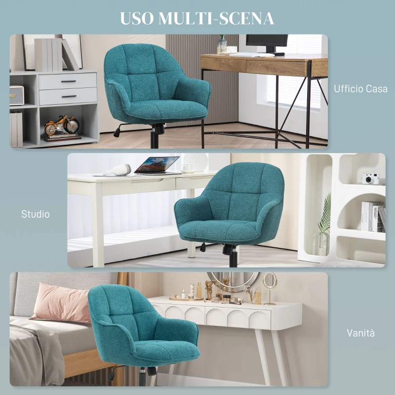 HOMCOM Sedia da Ufficio Girevole ad Altezza Regolabile, in Tessuto Effetto Lino e Acciaio, 63x66x86-96 cm, Verde Scuro