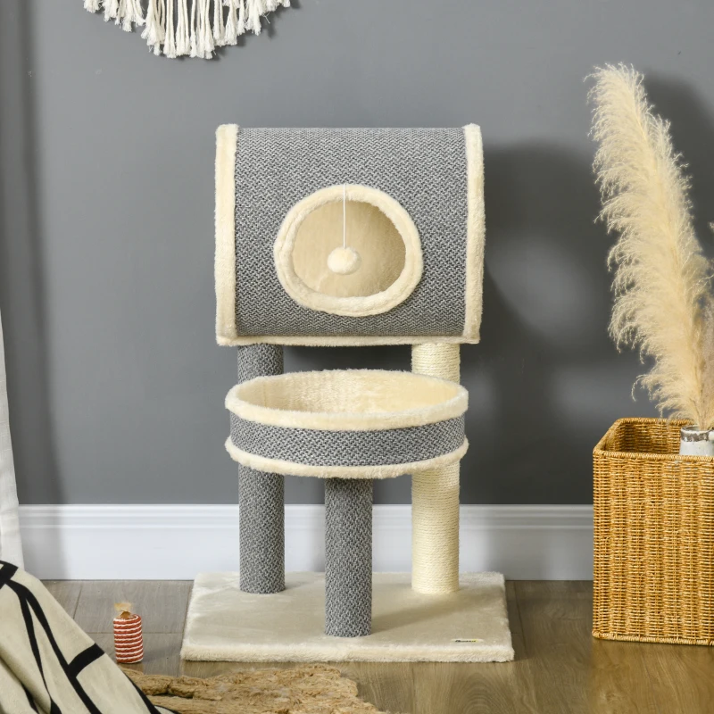 PawHut Arbre à chats avec griffoir arbre à gratter en sisal tunnel panier en peluche doux structure en bois 48L x 48l x 73H cm