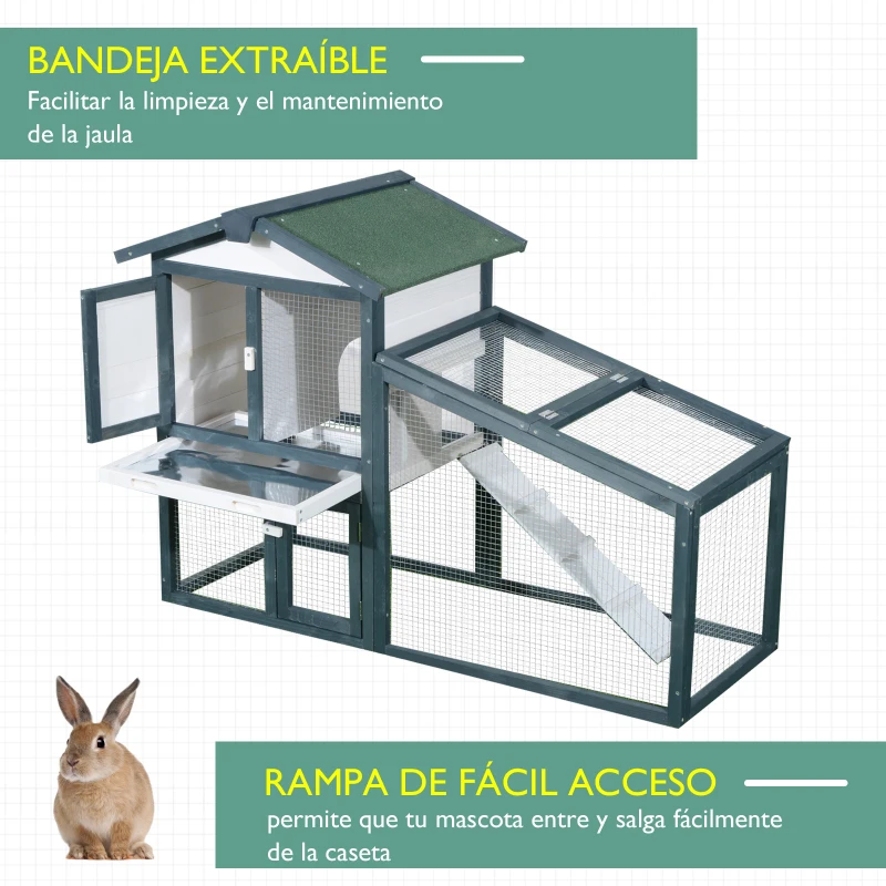 PawHut Conejera de Madera Exterior Jaula para Conejos de 2 Niveles con Bandeja Extraíble y Múltiples Entradas Techo de Asfalto Cobayas Gallinas 140x65x100 cm Verde