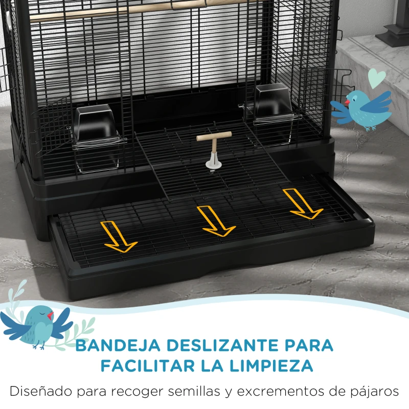 PawHut Jaula para Pájaros 61x36,5x98 cm con 8 Puertas 5 Perchas Bandeja Extraíble y 4 Comederos para Periquitos Pinzones Negro