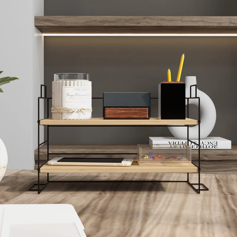 HOMCOM Organisateur de bureau, étagère de rangement à 2 niveaux, 42l x 16,5P x 24,5H cm, étagère en bois structure métal noir