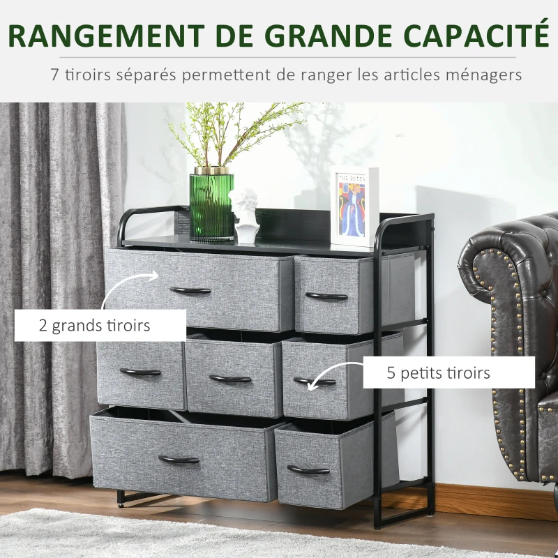HOMCOM Commode 7 tiroirs meuble de rangement tiroir en tissu pliant - structure acier noir - 80L x 29l x 78,5H cm, noir et gris