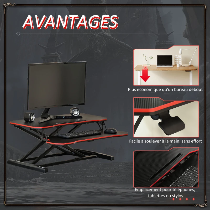 Vinestto Convertisseur bureau assis debout poste de travail réglable en hauteur - support ordinateur avec plateau clavier - acier MDF noir rouge