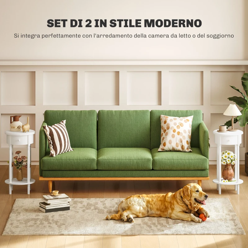 HOMCOM Set 2 Comodini con Cassetto e Ripiano in Legno Stile Contemporaneo, Ø35.5 x 71 cm, Bianco
