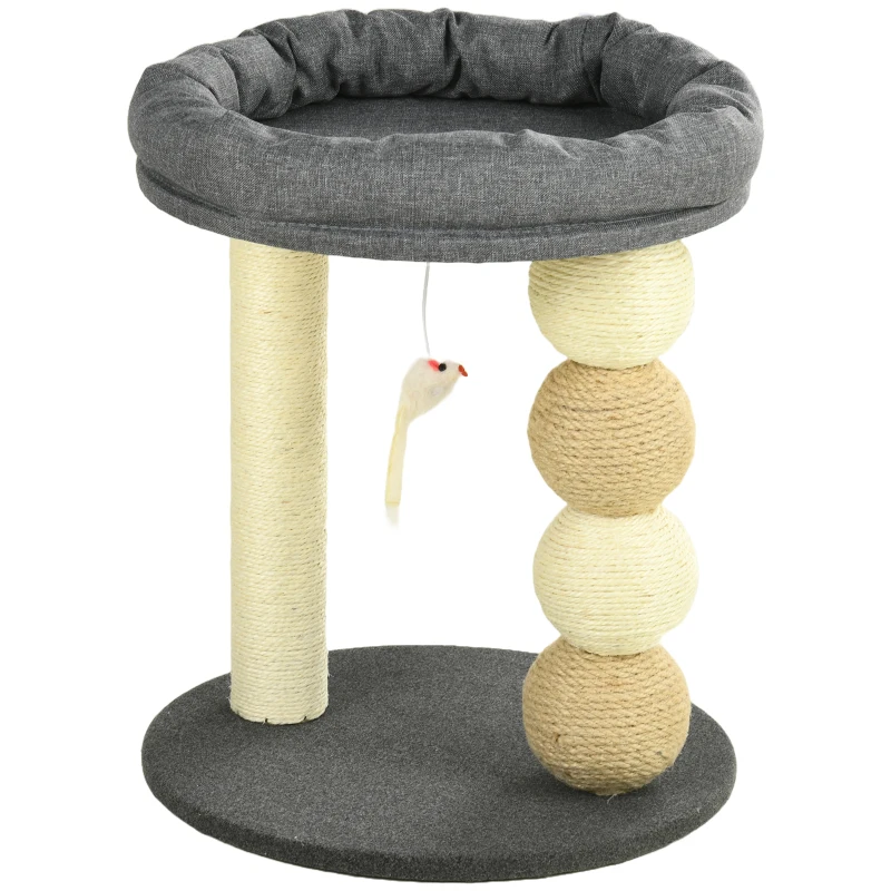 PawHut Árbol Rascador para Gatos Pequeño Torre para Gatos con Nido 4 Bolas y Poste de Sisal Carga 15 kg Ø40x48 cm Gris y Beige