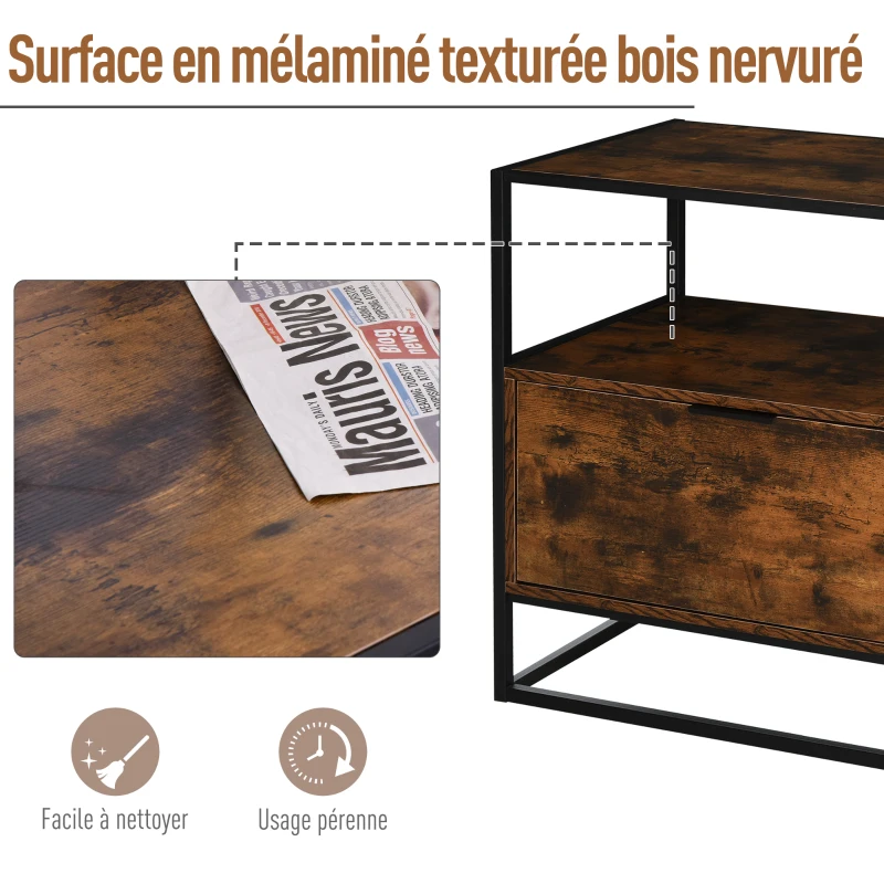 HOMCOM Table d'appoint table de chevet console meuble de rangement style industriel vintage grand tiroir, étagère et plateau aspect vieux bois veinage métal noir