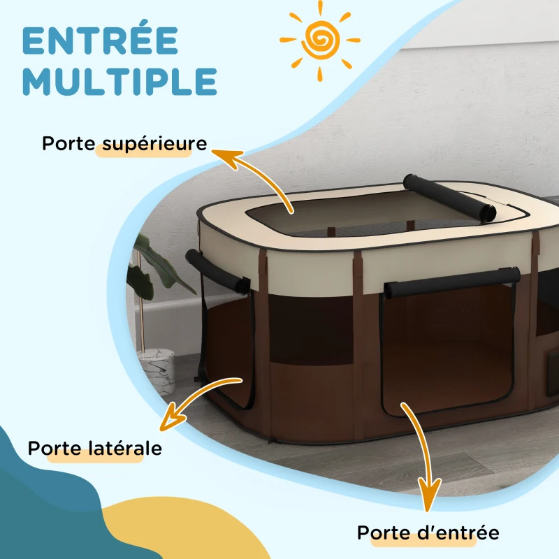 PawHut Parc pliable pour animaux de compagnie parc pour chiots en tissu Oxford avec fenêtres et portes sac de rangement marron