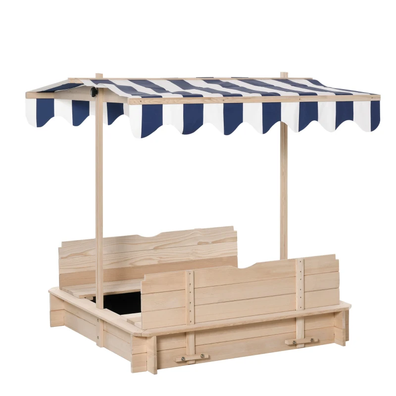 Outsunny Sabbiera per Bambini in Legno con Tettuccio Parasole, Panca e Coperchio, 106x106x115 cm Bianco e Blu