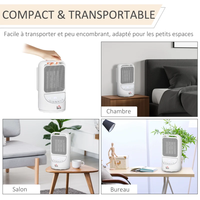 HOMCOM Chauffage soufflant oscillant 1500 W - mini radiateur céramique PTC - 3 niveaux de puissance - chauffage d'appoint avec télécommande blanc